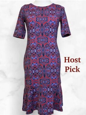 NWT Tracy Negoshian Purple Red Tara Dress Size XS Swirly Geo Stretch Ruffle Hem